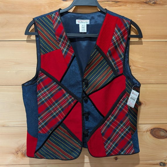 Talbots, Talbots Patchwork Vest 10 Red Blue Plaid Paisley Wool Blend Vintage Holiday USA