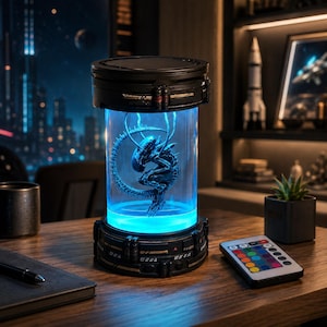 Puede incluir: Una lámpara cilíndrica con base y tapa negras y un centro de cristal transparente que contiene una figura oscura y detallada de una criatura xenomorfa. El interior está iluminado con una luz azul brillante y hay un mando a distancia cerca.
