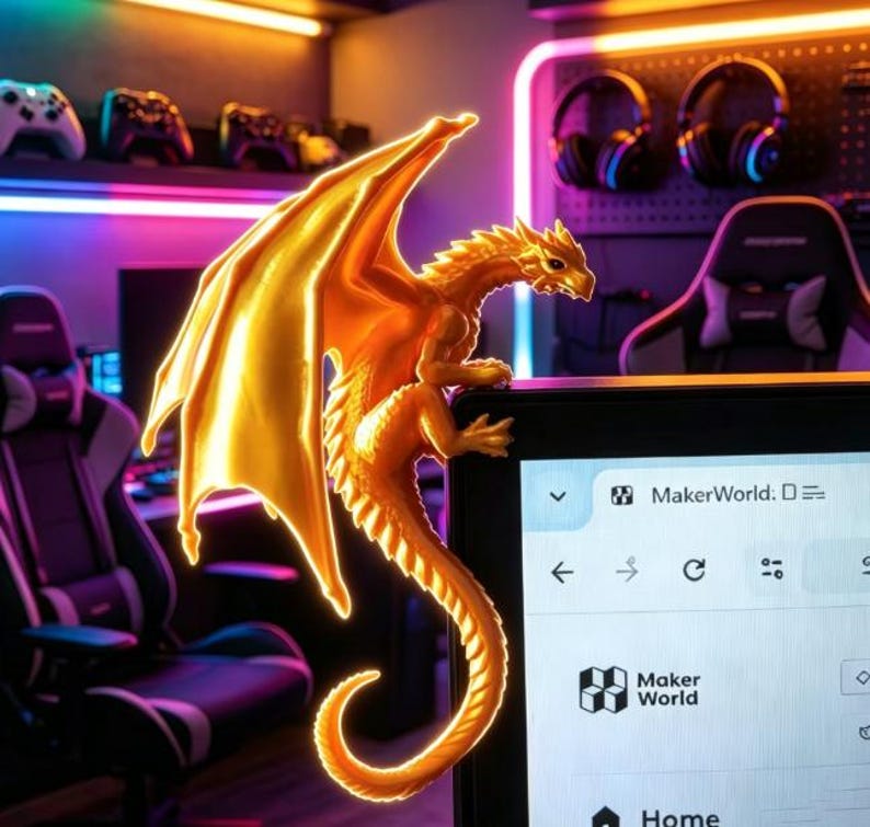 Pode incluir: Uma figura de drag&atilde;o articulada amarelo-brilhante pousada na borda superior de um monitor de computador. O drag&atilde;o tem escamas detalhadas, asas grandes e uma cauda longa e curva. A tela do monitor exibe a interface do site MakerWorld.