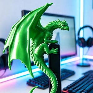 Pode incluir: Uma estatueta de drag&atilde;o verde brilhante em tr&ecirc;s dimens&otilde;es pousada na borda superior de um monitor de computador. O drag&atilde;o apresenta escamas detalhadas, grandes asas estendidas para cima e uma longa cauda curva que pende pela lateral da tela.