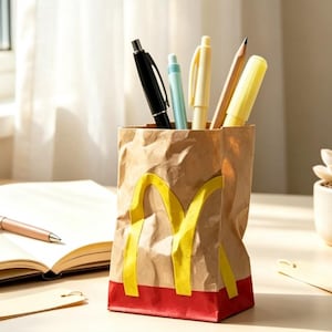 May include: A brown paper bag-shaped pencil holder featuring a yellow McDonald's golden arches logo on the front and a red band at the base. The holder contains a black pen, a light blue pen, a yellow pen, a wooden pencil, and a yellow highlighter.