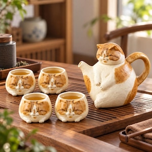 Puede incluir: Un juego de té de cerámica que incluye una tetera y cuatro tazas pequeñas, decoradas con un motivo de gato atigrado naranja y crema. La tetera tiene una tapa y un asa con forma de gato, mientras que cada taza muestra una cara de gato con patas.