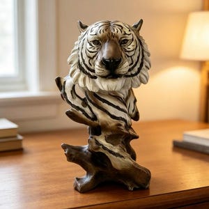 Può includere: Una scultura decorativa a busto di tigre con una testa dettagliata dal pelo bianco e marrone, strisce nere e un'espressione concentrata. La tigre è appoggiata su una base testurizzata in legno marrone scuro che imita un ramo d'albero.