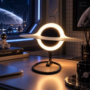 May include: A black and white planet-shaped table lamp featuring a glowing ring around a central sphere. The lamp is supported by a curved black stand attached to a circular base. The light emits a warm, bright glow, illuminating the surrounding area.