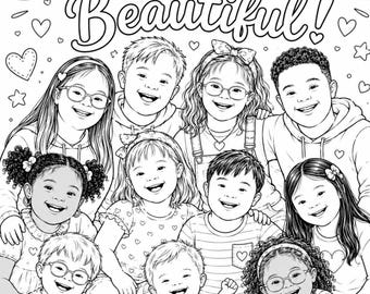May include: A black and white coloring page featuring a group of ten diverse children smiling, with the text "Different is Beautiful!" at the top. The illustration includes various hearts and stars surrounding the children in a line art style.