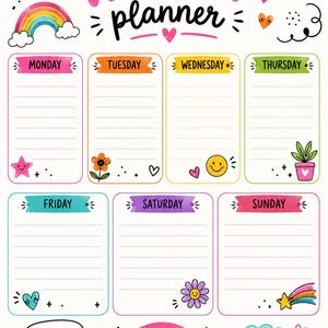 May include: A weekly planner sheet featuring the text WEEKLY planner, with seven colorful boxes for each day of the week. The design includes illustrations of a sun, rainbows, stars, hearts, a flower, a smiley face, and a potted plant.