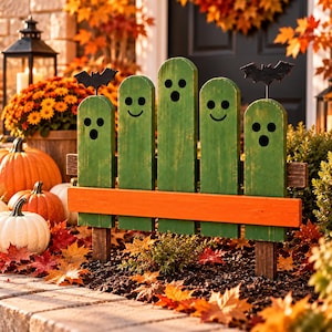 May include: A decorative wooden fence sign featuring five green vertical slats painted with ghost faces, accented by two black bat silhouettes. A horizontal orange wooden plank spans the front of the green slats, supported by two dark brown wooden posts.