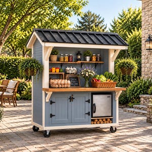 May include: A blue and white outdoor farm stand on wheels with a black metal roof, featuring a wooden countertop, two lower cabinet doors, a small stainless steel refrigerator, open shelving with jars, produce, and a sign reading Fresh From Our Farm.