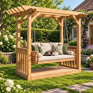 Puede incluir: Un columpio de jardín tipo pérgola de madera con acabado marrón claro natural, techo de listones y banco colgante con cojines beige. El banco incluye dos cojines verde oliva, dos cojines estampados y un gato descansando sobre ellos.