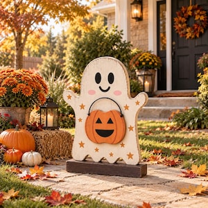 Puede incluir: Una decoración de fantasma de madera con acabado blanco desgastado, ojos y boca negros, y mejillas rosadas. El fantasma sostiene un pequeño cubo de calabaza naranja con asa negra, decorado con pequeñas estrellas de color naranja.