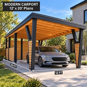 May include: A modern carport with a flat roof, wooden ceiling beams, and black support posts featuring horizontal wood slats. The structure measures 12 feet by 20 feet, as indicated by the text labels on the image.