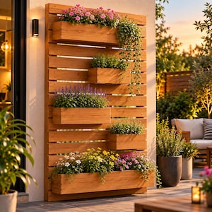 Peut inclure: Un support mural vertical en lattes de bois doté de cinq bacs rectangulaires disposés en quinconce. Les bacs contiennent diverses fleurs colorées, notamment des roses, violettes, blanches et jaunes, ainsi qu'un feuillage vert retombant.