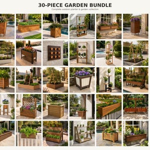 Könnte beinhalten: Ein 30-teiliges Garten-Set mit einer Sammlung von hölzernen Außenpflanzgefäßen, abgestuften Regaleinheiten, Wandtöpfen, Hängekörben und Rankgittern. Das Set enthält verschiedene rechteckige, quadratische und vertikale Pflanzbehälter aus Holz.