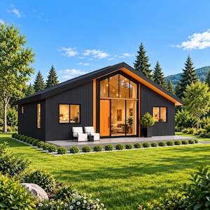May include: A single-story house with dark gray vertical siding and bright orange trim. The structure features a gabled roof, large glass windows, and a central wooden door. Two white chairs sit on a concrete patio in front of the house.