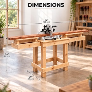May include: A light-colored wooden miter saw stand with a miter saw mounted on top and a long wooden board across it. The stand measures 72 inches wide, 34 inches high, and 20 inches deep, as indicated by the text labels on the image.