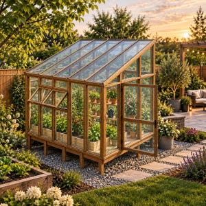 Op de afbeelding: Een houten kas met glazen panelen, een schuin dak en een openslaande deur. De structuur is voorzien van meerdere ruiten, houten planken aan de binnenkant met potplanten en een kleine gieter. Het staat op een tuinpad van grind.