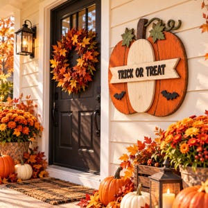 Pode incluir: Uma placa de parede de madeira em forma de abóbora com o texto TRICK OR TREAT, painéis laranja e creme, folhas verdes e silhuetas de morcegos pretos, exibida numa parede branca ao lado de uma porta preta com uma coroa de outono.