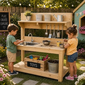 Progetti PDF per cucine di fango per bambini / Progetti di falegnameria fai-da-te per la costruzione di una cucina di fango all'aperto / Download digitale per il gioco in giardino dei bambini