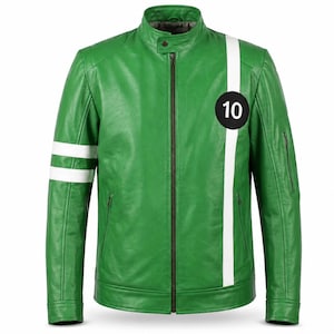 May include: A vibrant green leather jacket featuring a stand-up collar, a full-length front zipper, and two side pockets. A vertical white stripe runs down the left side, accented by a black circular patch with the white number 10.