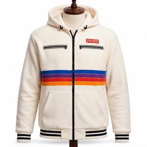 May include: A cream-colored zip-up hoodie featuring a horizontal stripe pattern in blue, purple, red, and orange across the chest. The garment includes a black front zipper, two zippered chest pockets, and black and white striped ribbed cuffs and hem.