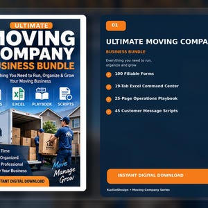 May include: A digital business bundle for moving companies featuring the text Ultimate Moving Company Business Bundle, 100 Fillable Forms, 19-Tab Excel Command Center, 25-Page Operations Playbook, and 45 Customer Message Scripts with an image of a mover.