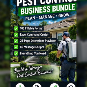 May include: A digital product advertisement titled Ultimate Pest Control Business Bundle. It lists 100 fillable forms, an Excel command centre, a 25-page operations playbook, and 45 message scripts. Features include instant download, A4 and US letter size.