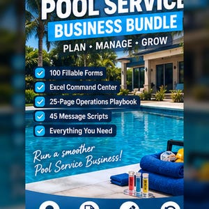 Puede incluir: Un paquete de negocios digital para servicios de piscina con el texto Ultimate Pool Service Business Bundle, Plan, Manage, Grow, que incluye 100 formularios rellenables, un centro de mando Excel, un manual de 25 páginas y 45 guiones.