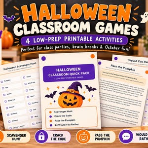 Op de afbeelding: Een set printbare Halloween-spellen voor in de klas, waaronder een speurtocht, een code-kraker, een pompoenspel en 'zou je liever' vragen. De centrale kaart toont een pompoen met een paarse heksenhoed en afbeeldingen van vleermuizen.