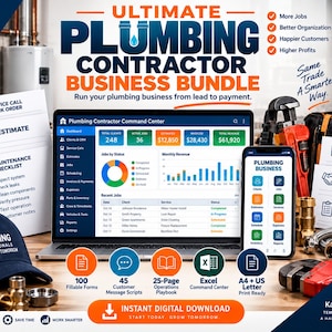 May include: A digital plumbing contractor business bundle featuring a laptop and smartphone displaying a dashboard, surrounded by printed forms, a navy blue baseball cap, and plumbing tools. Text includes Ultimate Plumbing Contractor Business Bundle.