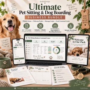 May include: A digital business bundle for pet sitters and dog boarders featuring a laptop displaying a command center, a smartphone with an intake form, a tablet with a welcome packet, and printed documents including a contract and care log.