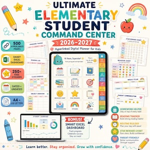 May include: A digital planner titled Ultimate Elementary Student Command Center 2026-2027 featuring a tablet screen with icons for schedule, homework, reading log, subjects, goals, behaviour, rewards, notes, and stickers, plus a laptop dashboard.