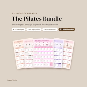 Könnte beinhalten: Ein digitales Pilates-Paket mit fünf 30-Tage-Challenge-Kalendern. Der Text lautet 5 x 30-DAY CHALLENGES, The Pilates Bundle, 5 challenges, 150 days of gentle, low-impact Pilates, 5 challenges, No equipment, Printable PDFs, Clickable & Fillable.