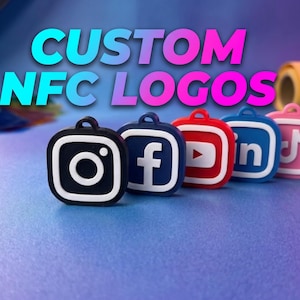 May include: A row of five square NFC tags featuring social media logos including Instagram, Facebook, YouTube, LinkedIn, and TikTok. Each tag has a raised white icon on a colored background. The text CUSTOM NFC LOGOS is displayed above.