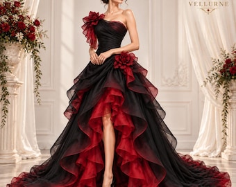 Crimsavienne Noir Rose Gown, Victorian Vampire Ball Gown, One Shoulder Ruffle Dress, Gothic Masquerade Costume, Carmilla Inspired Halloween