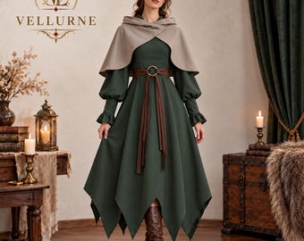 Sylvarenne Mossveil Druid Dress, Woodland Witch Costume, Hooded Forest Gown, Fae Priestess Outfit, Medieval Fantasy Cosplay, LARP Attire