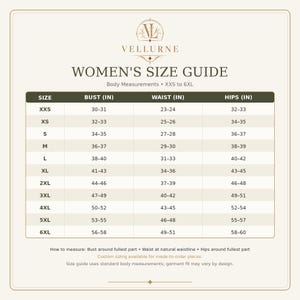 May include: A size guide chart for Vellurne featuring a table with columns for size, bust, waist, and hips in inches. The chart lists sizes from XXS to 6XL with corresponding body measurements. Text includes instructions on how to measure body parts.