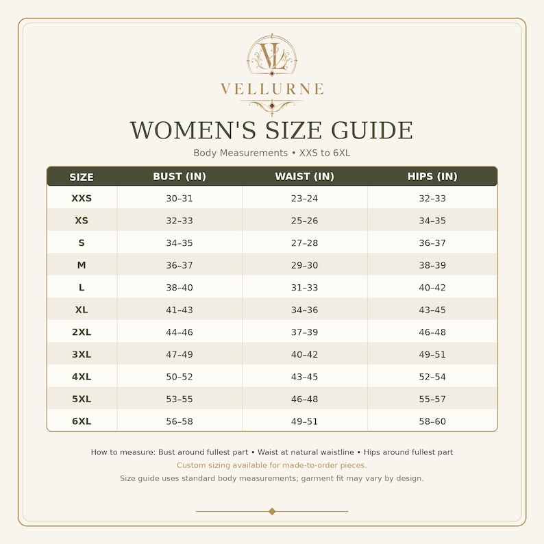 May include: A size guide chart for Vellurne featuring a table with columns for size, bust, waist, and hips in inches. The chart lists sizes from XXS to 6XL with corresponding body measurements. Text includes instructions on how to measure body parts.