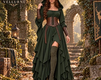 Thornvale Huntress Dress, Burgundy Medieval Gown, Forest Witch Corset Costume, Renaissance Faire Outfit, Hooded LARP Fantasy Dress