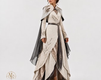 Elven Queen LARP Costume, Ivory Fantasy Gown, Medieval Renaissance Faire Dress, Galadriel Inspired Cosplay, Ethereal Cape Outfit