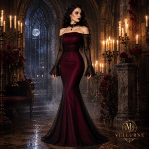 May include: A floor-length, off-the-shoulder gown in deep burgundy with long, sheer black sleeves featuring flared cuffs. The dress has a fitted bodice and a flowing skirt, accented by a black choker necklace. The Vellurne logo is in the corner.