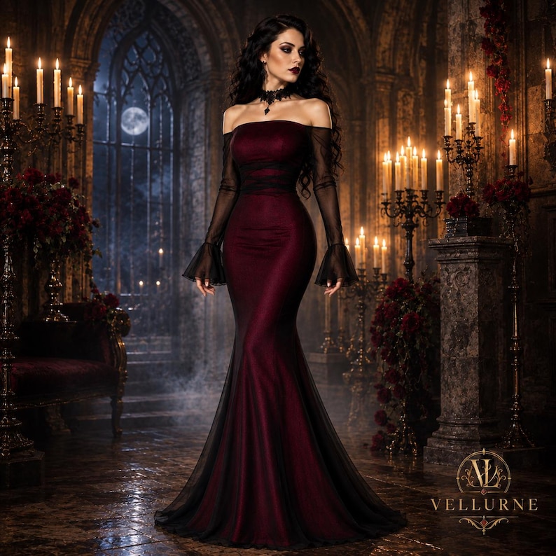 May include: A floor-length, off-the-shoulder gown in deep burgundy with long, sheer black sleeves featuring flared cuffs. The dress has a fitted bodice and a flowing skirt, accented by a black choker necklace. The Vellurne logo is in the corner.
