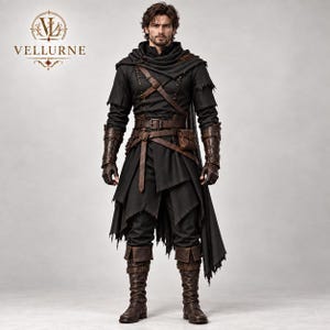 Könnte beinhalten: Eine dunkel anthrazitfarbene, mehrlagige Tunika mit ausgefranstem Saum, getragen mit braunen Lederarmschienen, einem passenden Gürtel mit kleiner Tasche und hohen braunen Lederstiefeln. Das Outfit umfasst einen drapierten Wasserfallkragen.