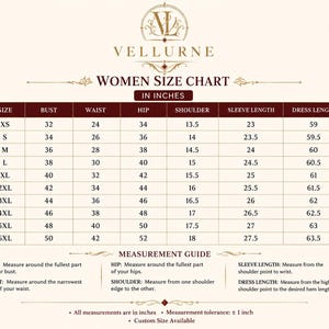 Women’s gothic Victorian coat size chart from XS to 6XL with bust, waist, hip, shoulder, sleeve and full garment length measurements.