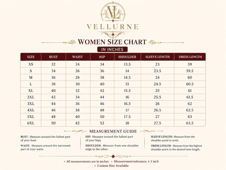 Women’s gothic Victorian coat size chart from XS to 6XL with bust, waist, hip, shoulder, sleeve and full garment length measurements.