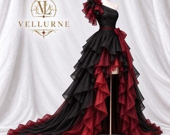 Velcravienne Gown, High Low Ruffle Gown, Gothic Ball Gown, Vampire Dress, Queen of Hearts Inspired Halloween Cosplay, Dark Fantasy Costume