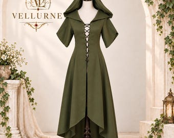Ren Faire Outfit, Hooded Elf Dress, Velriena Forestveil Costume, Medieval Fantasy Gown, Elven Ranger LARP Cosplay, Woodland Witch Dress