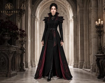 Gothic Vampire Coat Womens, Victorian Steampunk Long Tailcoat, Black Burgundy Embroidered Witch Costume, Dark Queen Halloween Cosplay Attire
