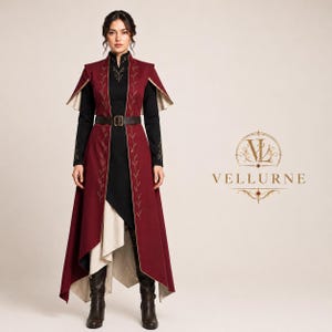 May include: A long, sleeveless, deep red coat with a high collar and gold-toned vine embroidery along the front edges. It is worn over a black long-sleeved top and a cream-coloured skirt, cinched at the waist with a dark brown belt and buckle.