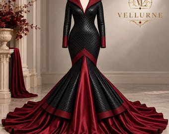 Gothic Vampire Queen Dress, Quilted Faux Leather Satin Mermaid Gown, High Collar Dark Fantasy Costume, Carmilla Inspired Halloween Cosplay