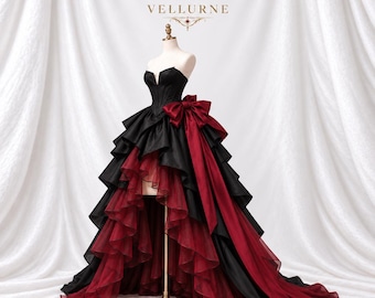 Sablevienne Crimson Ruffle Dress, Vampire Queen Ball Gown, Victorian Corset Costume, Gothic Masquerade, Halloween Dark Romance Cosplay
